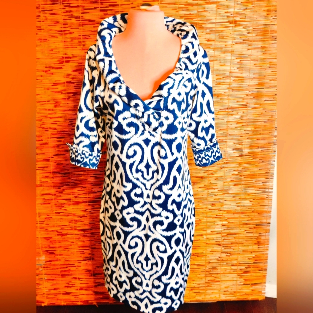 Gretchen Scott ikat Navy & White stand up Collar modern day Dress XS